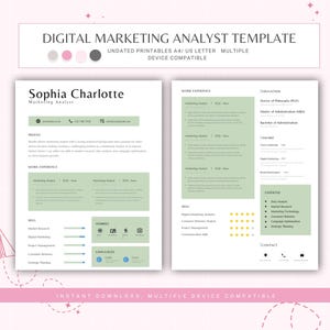 May include: A digital marketing analyst resume template with a green and white color scheme. The template includes sections for profile, work experience, skills, hobbies, languages, education, awards, expertise, and contact information. The template is designed to be used for job applications.