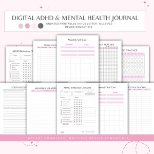 Könnte beinhalten: Ein digitales ADHD- und Mental Health Journal mit undatierten Vorlagen. Das Journal enthält Seiten für Medikamentenverfolgung, Schlaftracking, Gewohnheitstracking und Selbstpflegeaktivitäten. Das Design ist hauptsächlich weiß mit rosa Akzenten.