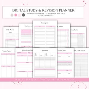 Könnte beinhalten: Eine Sammlung digitaler Studien- und Revisionsplaner-Seiten in Rosa und Weiß. Die Seiten umfassen Tages-, Wochen- und Themenplaner, Leselisten und Notenverfolgungen. Der Text lautet "DIGITAL STUDY & REVISION PLANNER" und "INSTANT DOWNLOAD, MULTIPLE DEVICE COMPATIBLE."