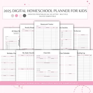 Könnte beinhalten: Ein digitaler Homeschool-Planer für Kinder mit druckbaren Seiten für die Nachverfolgung der Hausaufgaben, wöchentliche Aufgaben, Klasseninformationen, Stundenpläne, Lesetagebücher, To-Do-Listen und Geburtstagskalender. Der Planer ist undatiert und mit mehreren Geräten kompatibel.