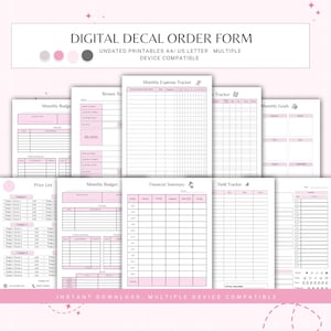 Könnte beinhalten: Druckbarer digitaler Dekal-Bestellformular für einen Budgetplaner. Das Formular enthält Seiten für das monatliche Budget, die Ausgabenverfolgung, die Finanzübersicht, die Renditeverfolgung und die monatlichen Ziele. Die Seiten sind in einem rosa und schwarzen Farbschema gestaltet.