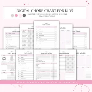Könnte beinhalten: Ein druckbarer Aufgabenplan für Kinder mit einem rosa-grauen Farbschema. Der Plan enthält einen Tagesplan, eine Belohnungstabelle, eine Checkliste für Schultage, Verantwortlichkeiten und einen Wochenplan. Der Text auf dem Plan lautet "Digital Chore Chart for Kids" und "Undated Printables A4/US Letter Multiple Device Compatible".