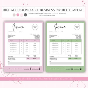 Könnte beinhalten: Zwei anpassbare Geschäftsrechnungsvorlagen. Die linke Vorlage hat einen rosa Hintergrund und die rechte Vorlage einen grünen Hintergrund. Beide Vorlagen haben einen Bereich für die Rechnungsnummer, das Datum, den Rechnungsempfänger, die Rechnungsempfänger-ID, die Beschreibung, die Menge, den Preis, die Summe, die Zahlungsmethode und Notizen. Die Vorlagen haben auch einen Bereich für den Firmennamen, die Adresse, die Telefonnummer und die E-Mail-Adresse.