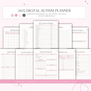 Könnte beinhalten: Ein digitaler Planer, der für Menschen mit Autismus entwickelt wurde. Der Planer enthält Abschnitte für die monatliche Planung, Gesundheitsaufzeichnungen, eine Liste von Autismus-Merkmalen, ein tägliches Ernährungstagebuch, eine Rezeptkarte und eine Checkliste für das Gute. Der Planer ist undatiert und mit mehreren Geräten kompatibel.
