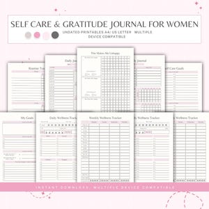 Könnte beinhalten: Druckbarer Selbstpflege- und Dankbarkeits-Tagebuch für Frauen. Das Tagebuch enthält Seiten für tägliche Routinen, Ziele, Wellness-Tracking und Selbstpflegeziele. Die Seiten sind in einem rosa und grauen Farbschema gestaltet.