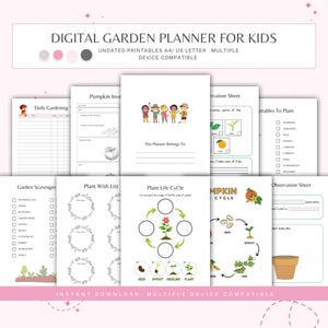 Könnte beinhalten: Ein druckbarer digitaler Gartenplaner für Kinder mit Schwarzweißillustrationen. Der Planer enthält Seiten für tägliches Gärtnern, eine Garten-Schnitzeljagd, eine Pflanzenwunschliste, einen Pflanzenlebenszyklus, einen Kürbislebenszyklus, eine Liste von Gemüsesorten zum Pflanzen und ein Beobachtungsblatt. Der Text "Dieser Planer gehört zu" ist auf einer der Seiten enthalten.