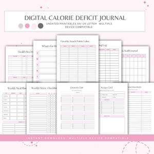 Könnte beinhalten: Ein Set mit druckbaren Seiten für ein digitales Kaloriendefizit-Tagebuch mit Seiten zum Verfolgen von Lieblingssnacks, Essensplanung, Einkaufslisten und mehr. Die druckbaren Seiten sind undatiert und mit mehreren Geräten kompatibel.