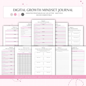 Könnte beinhalten: Ein digitales Wachstums-Mindset-Journal mit druckbaren Seiten für jede Woche. Das Journal enthält Aufforderungen zur Selbstreflexion und zum persönlichen Wachstum. Das Journal ist undatiert und mit mehreren Geräten kompatibel.