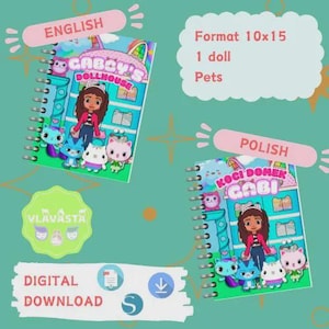 Könnte beinhalten: Zwei Spiralblöcke mit dem Text "Gabby's Dollhouse" und Illustrationen eines Mädchens und Cartoon-Katzen. Die Notizbücher befinden sich auf einem türkisfarbenen Hintergrund mit den Worten "Digitaler Download".