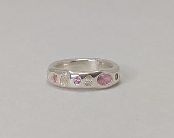 Organic Pure Silver Ring with Colorful Cubic Zirconia Stones (Size 5.5 US,50-50.5 EU)