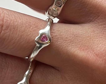 Size 6.75 US (53.5 EU) CZ stone pure silver ring/ organic shape ring