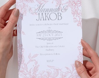 Puede incluir: Una invitación de boda con un diseño floral en rosa. La invitación incluye los nombres "Alannah & Jakob", la fecha "SAT 25 OCT 2025" y la ubicación "The Old Willowbrook Estate, Sudbury".