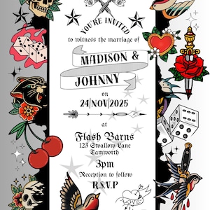 Könnte beinhalten: Hochzeitseinladung im Tattoo-Stil. Die Einladung zeigt die Namen "MADISON & JOHNNY" und das Datum "24/NOV/2025". Das Design umfasst klassische Tattoo-Motive wie Totenköpfe, Rosen, Würfel und Schwalben. Die Veranstaltung findet in Flash Barns, 123 Swallow Lane, Tamworth, um 15:00 Uhr statt.