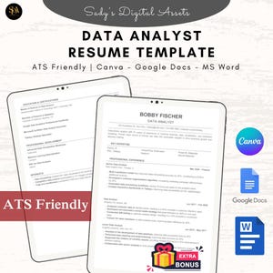 Puede incluir: Una plantilla de currículum para analistas de datos, diseñada para ser compatible con ATS. La plantilla está disponible en Canva, Google Docs y MS Word. La plantilla incluye secciones para educación y certificaciones, experiencia clave, experiencia profesional e intereses. La plantilla también incluye una sección de bonificación para información adicional.