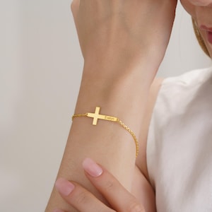 Pulsera de cruz lateral, pulsera de cruz personalizada con nombre y piedra de nacimiento, joyería con versículo bíblico personalizado, pulsera de cruz ajustable para mamá