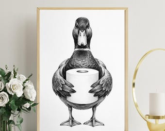 Eend badkamer kunstprint, zwart-witschets, boerderijdieren decor (direct downloaden)
