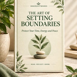 May include: A hardcover book titled The Art of Setting Boundaries: Protect Your Time, Energy and Peace by Innershiftbooks. The cover features a cream background, green text, and an illustration of a small plant growing from stacked stones.