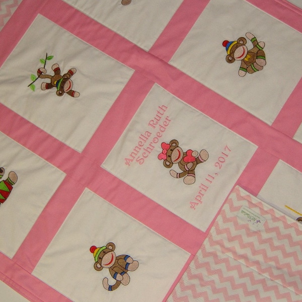 Custom Embroidered Sock Monkey Baby/Toddler Quilt - Boys or Girls - Choose fabrics & images