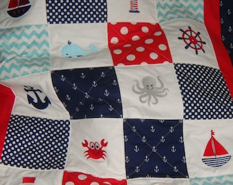 Nautical Crib Quilt - Made to order - 12 Embroidered images - Boy or Girl - Choose your fabrics & images - Whales, Anchor, Light House, Crab
