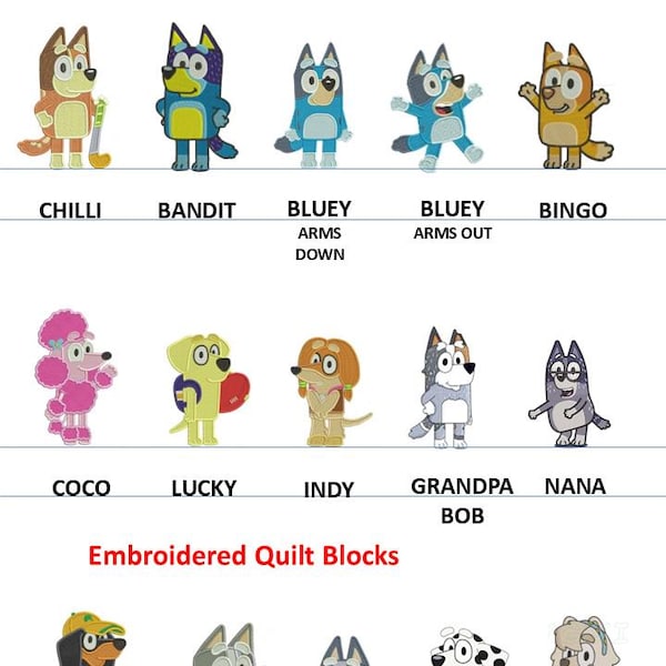 Bluey and Friends Embroidered Quilt Blocks: Custom DIY Kona Cotton