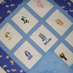 Bluey and Friends Baby Quilt Custom made Embroidered images Personalized Quilt Gender Neutral Made to Order Choose Images and Fabric