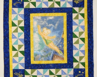 Tinkerbell Baby Quilt: Embroidered Pinwheel Blocks, Minky Backing (37 x 42)