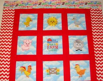 Made to order - Embroidered Farm Animals Baby Quilt / Blanket - Your choice of fabrics and images - Horse, Cow, Pig, Old McDonald