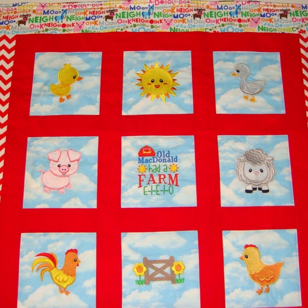 Made to order - Embroidered Farm Animals Baby Quilt / Blanket - Your choice of fabrics and images - Horse, Cow, Pig, Old McDonald