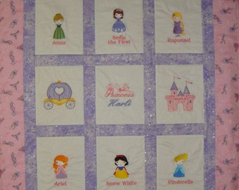 Princess Quilt Custom Toddler Princess Quilt -  choose fabrics - Belle, Aurora, Snow White, Jasmine, Ariel, Cinderella, Sophia, Tiana