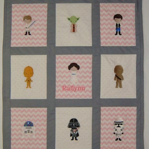 Embroidered Star Wars Baby Quilt/Blanket - 2 sizes - 9 or 12 Characters - Choose the fabrics and characters. Many images to choose from.