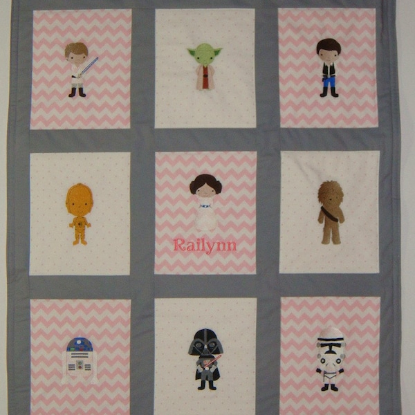 Embroidered Star Wars Baby Quilt/Blanket - 2 sizes - 9 or 12 Characters - Choose the fabrics and characters. Many images to choose from.