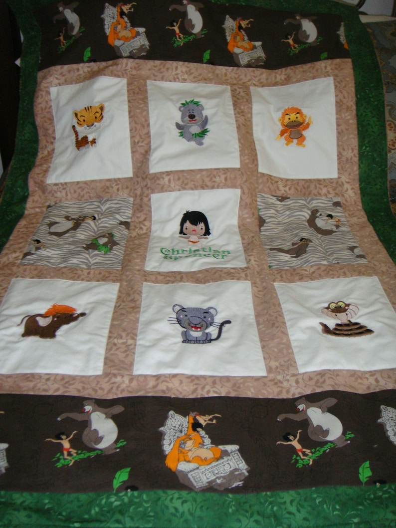 Choose fabrics /& images Boys or Girls 34 X 50 Custom Embroidered Jungle Book Quilt Payment Plan available