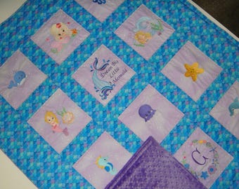 Custom Embroidered Mermaid Baby/Toddler Quilt - Choose the fabrics & images - Crib Bedding available