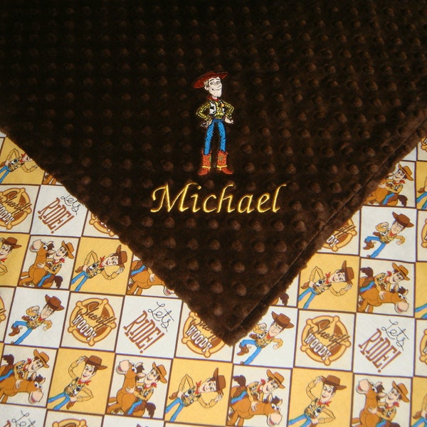 Toy Story Minky Blanket - Minky & Cotton - Choose your fabrics and Image - Buzz Lightyear, Woody, Forky, Jessie, Alien and more, Name added