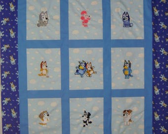 Embroidered Bluey Toddler Quilt: Cotton Blanket, Minky Backing