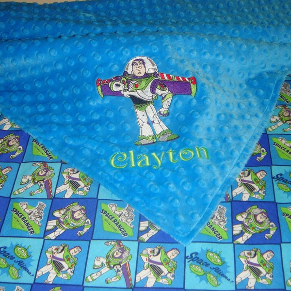 Toy Story Minky Blanket - Minky & Cotton - Choose your fabrics and Image - Buzz Lightyear, Woody, Forky, Jessie, Alien and more, Name added