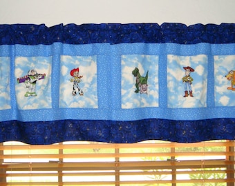 Toy Story Window Valance Curtains - choose the fabrics and images - Embroidered images: Woody, Buzz Lightyear, Bo Peep and more.