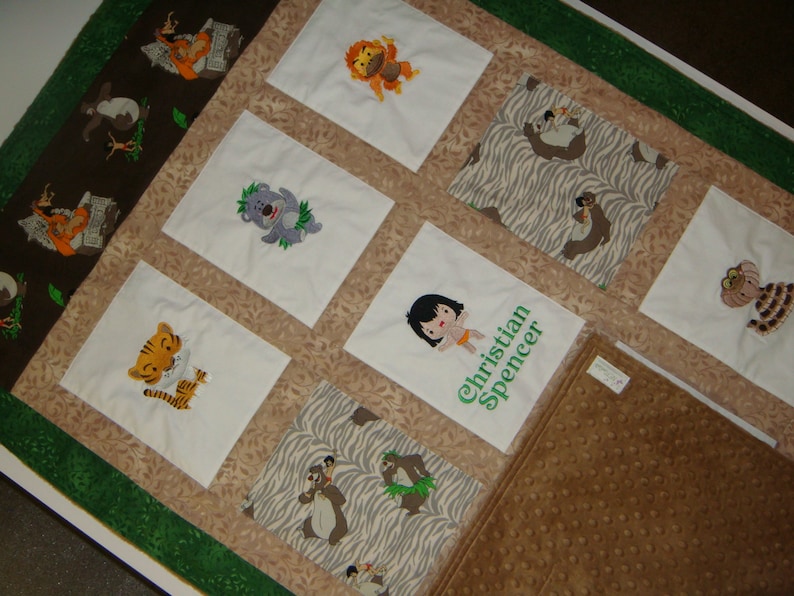 Choose fabrics /& images Boys or Girls 34 X 50 Custom Embroidered Jungle Book Quilt Payment Plan available