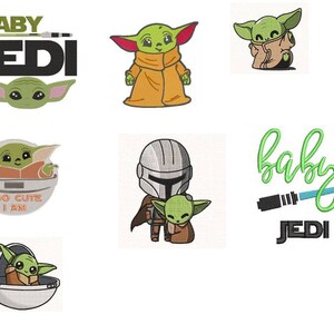 K&ouml;nnte beinhalten: Ein Set mit sechs gestickten Aufn&auml;hern mit dem beliebten Star Wars-Charakter Baby Yoda. Die Aufn&auml;her zeigen verschiedene Designs, wie Baby Yoda in einer schwebenden Kapsel, Baby Yoda mit einem Lichtschwert und Baby Yoda mit dem Text "Baby Jedi".