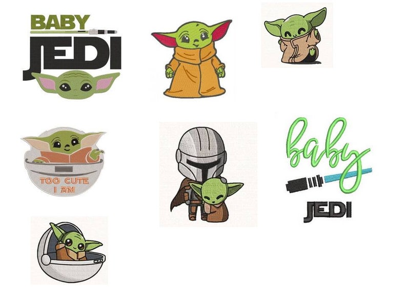K&ouml;nnte beinhalten: Ein Set mit sechs gestickten Aufn&auml;hern mit dem beliebten Star Wars-Charakter Baby Yoda. Die Aufn&auml;her zeigen verschiedene Designs, wie Baby Yoda in einer schwebenden Kapsel, Baby Yoda mit einem Lichtschwert und Baby Yoda mit dem Text "Baby Jedi".