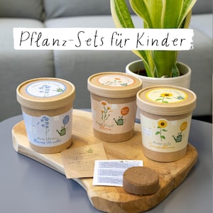 Könnte beinhalten: Drei Saatgut-Starter-Kits mit floralen Illustrationen und dem Text "Pflanz-Sets für Kinder" auf einem Holztablett. Die Kits zeigen Illustrationen einer Sonnenblume, Vergissmeinnicht und anderer Blumen. Eine Topfpflanze befindet sich im Hintergrund.