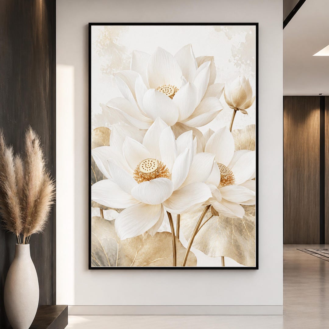 Luxury White Lotus Wall Art Print Neutral Beige Floral Elegant Zen ...