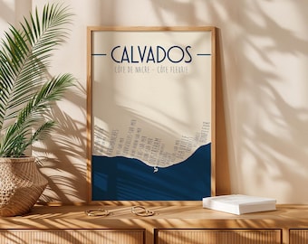 Calvados poster - Normandy - Printed illustration for interior decoration - Coastal map and towns - Côte Fleurie and Côte de Nacre