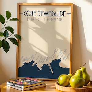 Affiche Côte Emeraude - Bretagne - Illustration imprimée pour décoration intérieur - Carte côtière