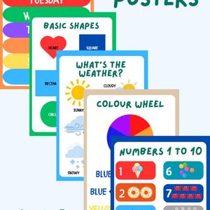 Pósters imprimibles, Aprendizaje sencillo, Pósters infantiles, Colores, Formas, Clima