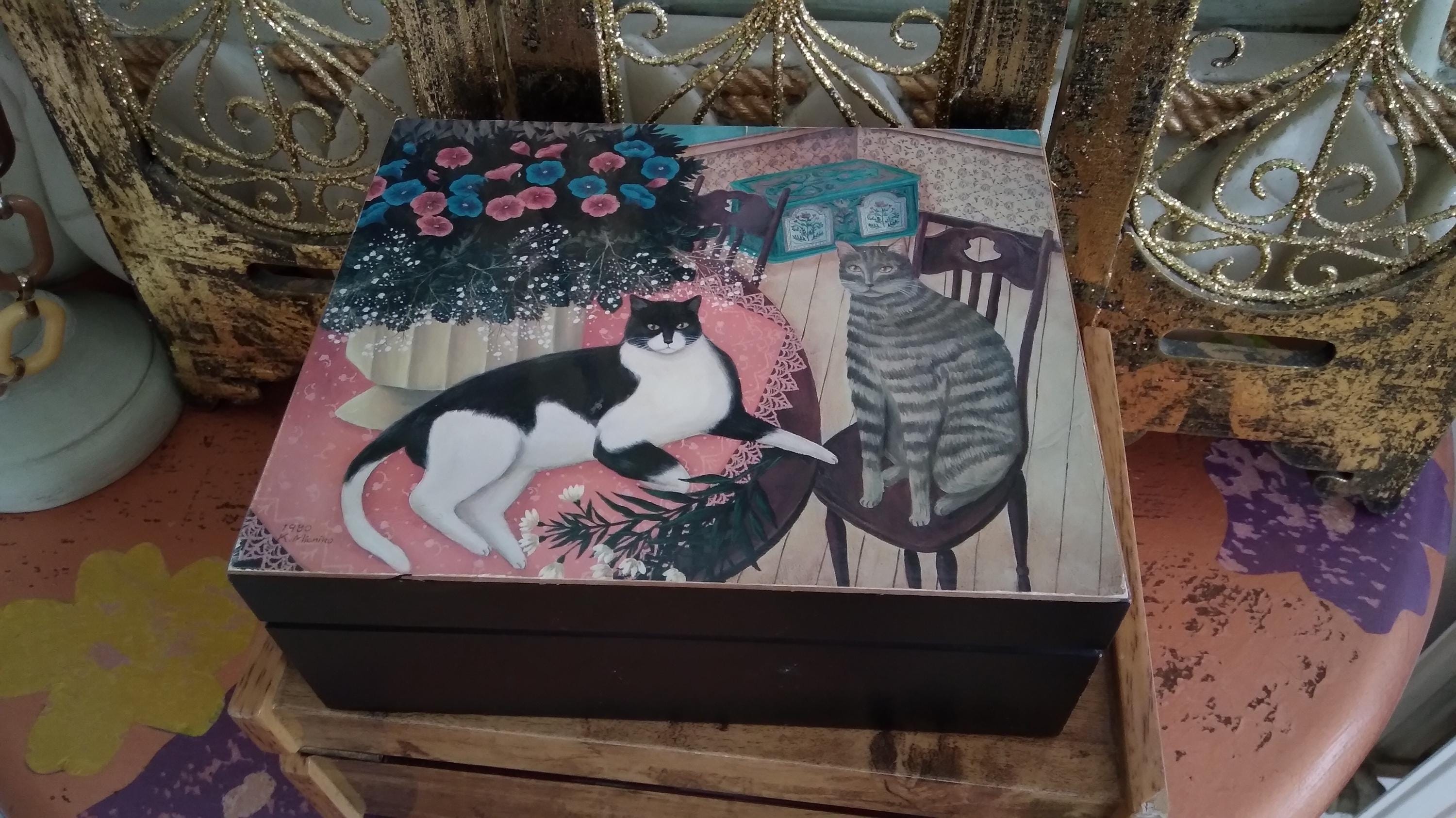 Signed 1980 Kim Michiko Cat Musical Jewelry Box - Plays Yesterday