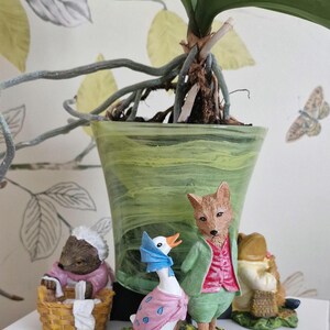 May include: A green marbled plant pot containing an orchid, positioned behind three small figurines: a hedgehog in a basket, a goose wearing a blue bonnet and pink shawl, and a fox in a green jacket, all standing on a textured green base.