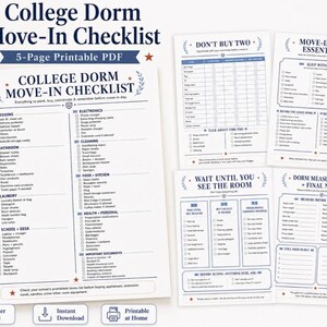 May include: A 5-page printable PDF college dorm move-in checklist. The white documents feature blue text and headers, including sections for bedding, electronics, cleaning, food, kitchen, health, and personal items, with a layout for room measurements.