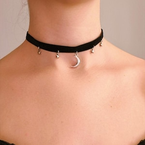 Black Velvet Choker with Mini Stars and Crescent Moon, Boho Jewelry, Gift for Girls
