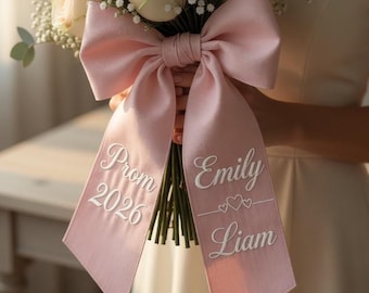Personalized Embroidered Prom Bouquet Sash, Custom Name Ribbon Bow, Monogram Bouquet Wrap, Couple Gift for Prom, Prom Flower Ribbon Keepsake